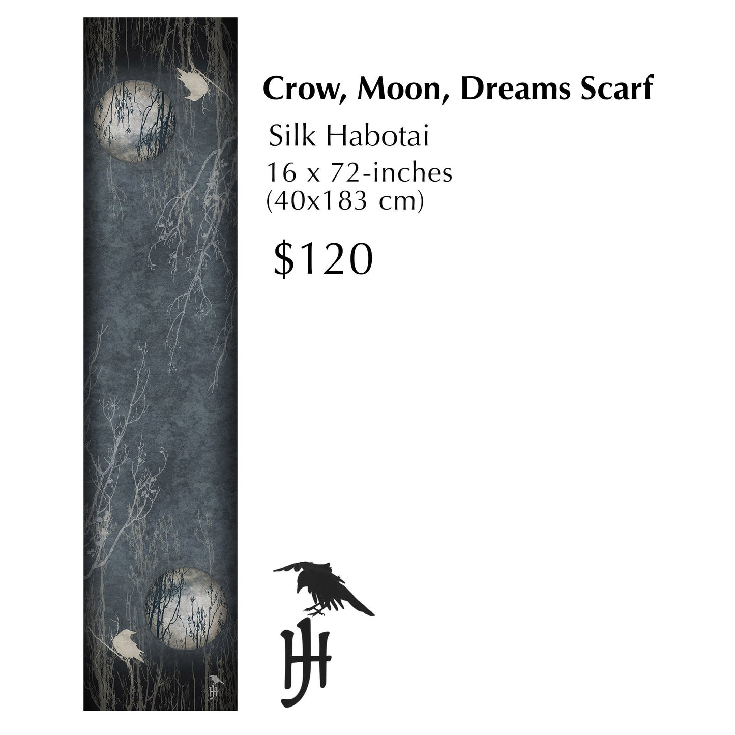 CROW, MOON, DREAMS - Long Silk Scarf