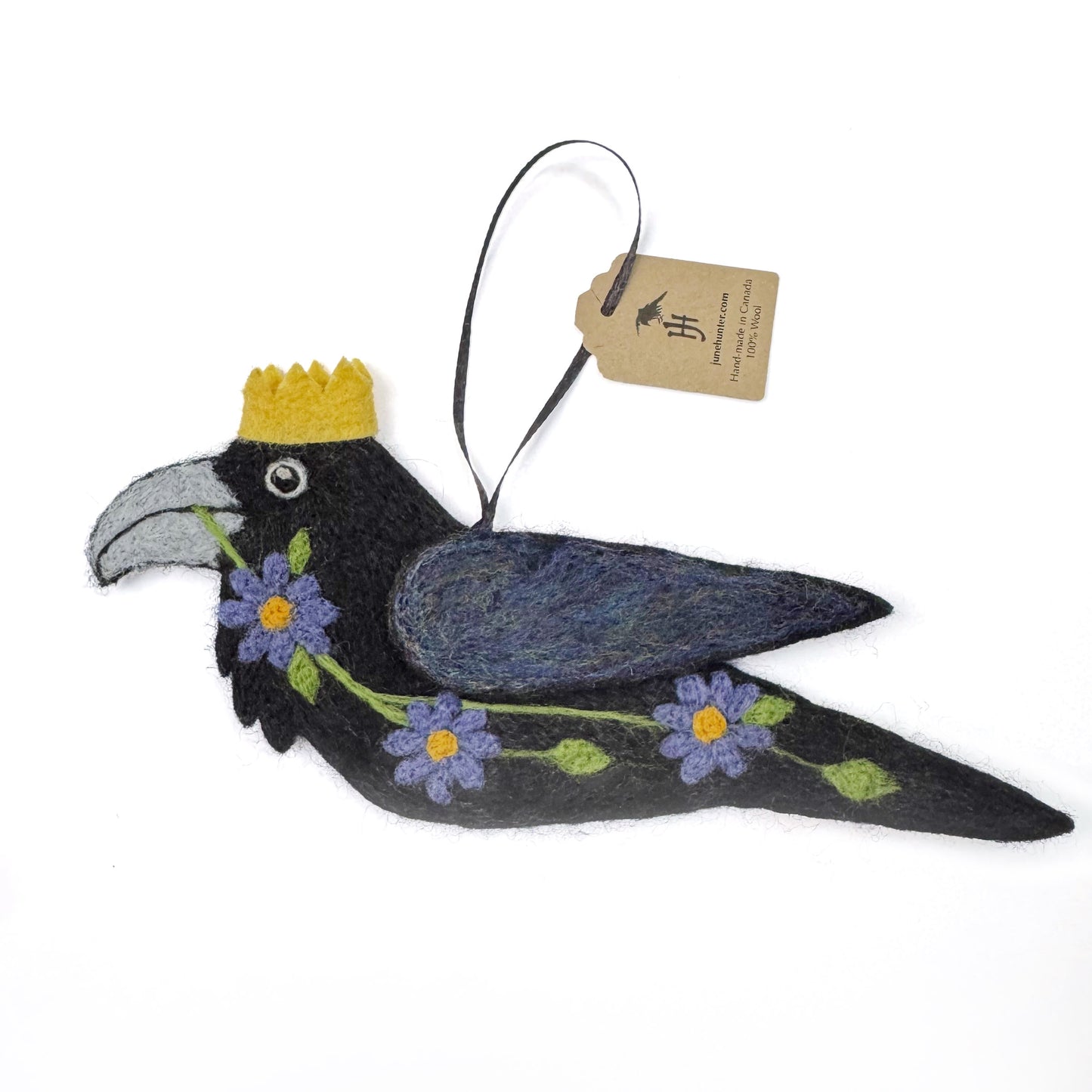 PURPLE DAISIES Wool Needle-Felted Raven Hanging