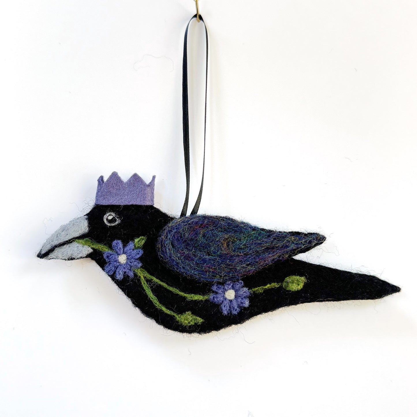 PURPLE FLOWER Wool Needle-Felted Crow Hanging