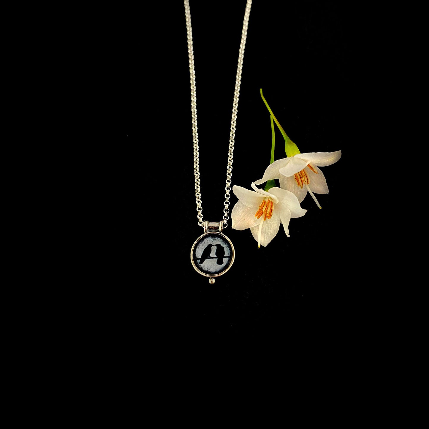 CROW COUPLE - Miniature Pendant, Silver and Resin
