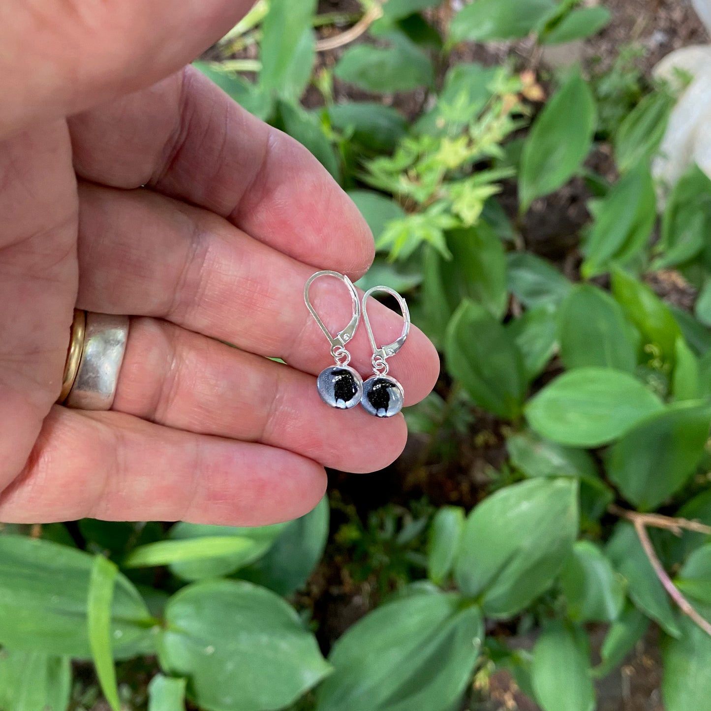 CROW SHADOW - Tiny Round Earrings, Silver and Resin