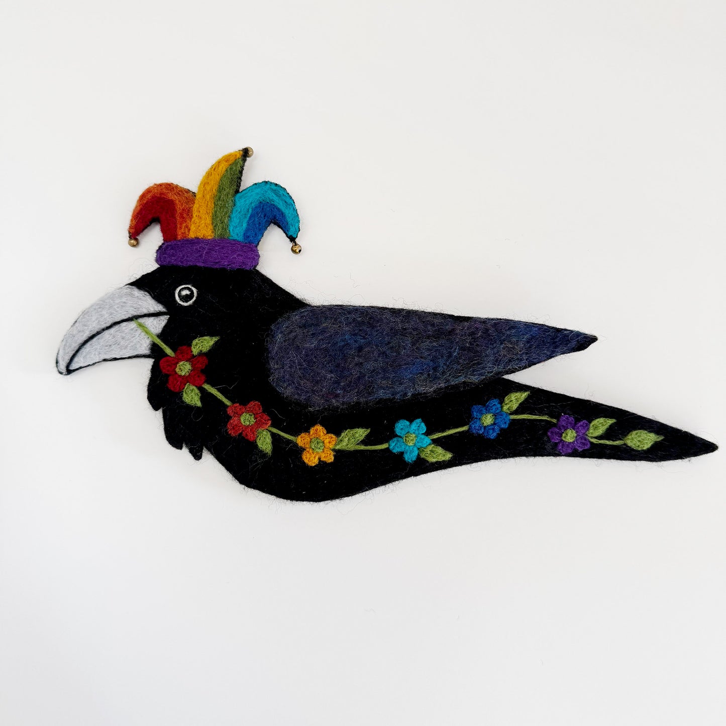 RAVEN RAINBOW JESTER-4 Wool Needle-Felted Raven Wall Art