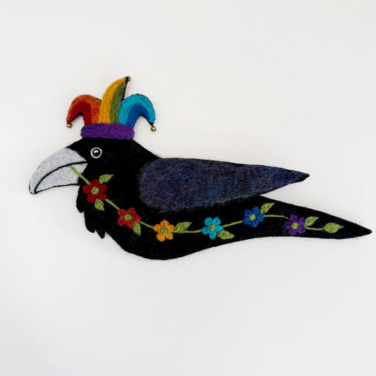 RAVEN RAINBOW JESTER-4 Wool Needle-Felted Raven Wall Art