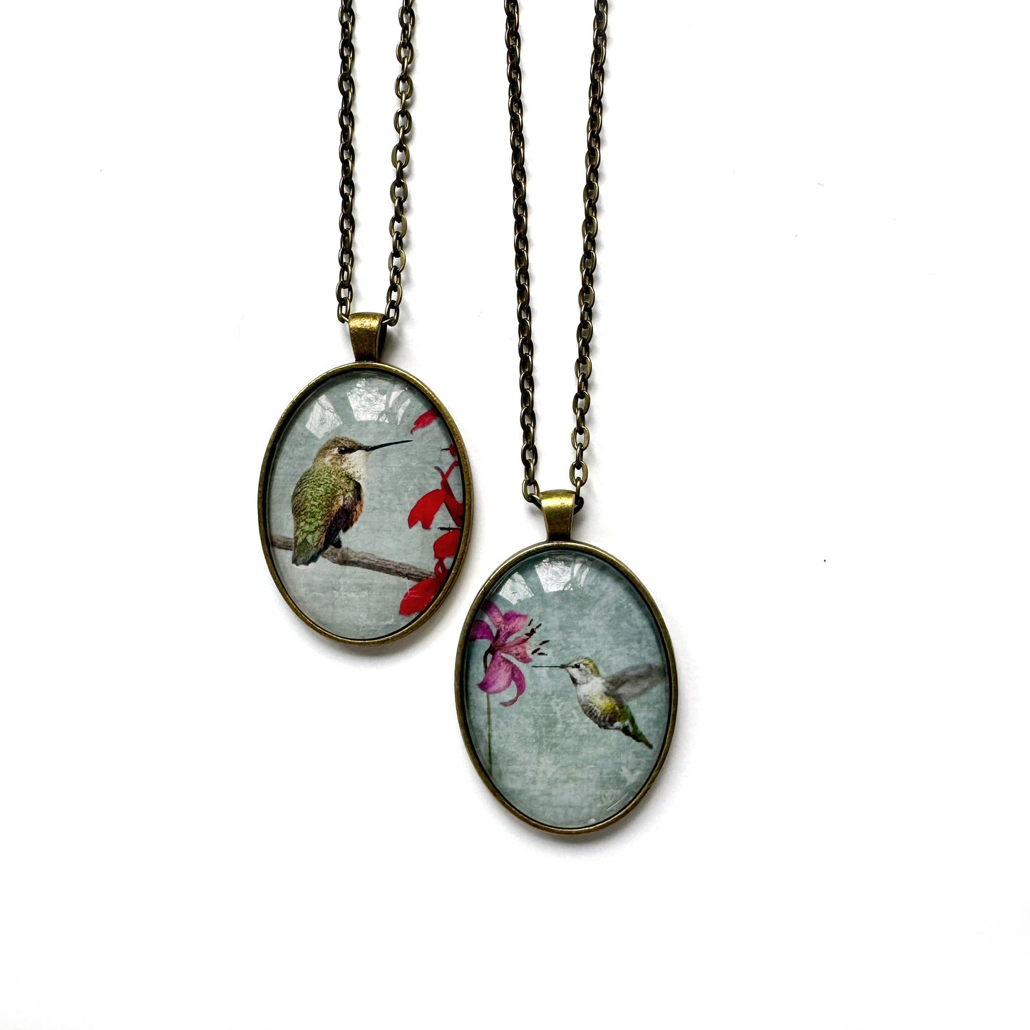 RUFOUS HUMMINGBIRD WITH RED FLOWER - Large Glass Pendant