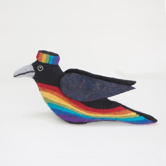 STANDING RAINBOW CROW Wool Needle-Felted Crow Figure