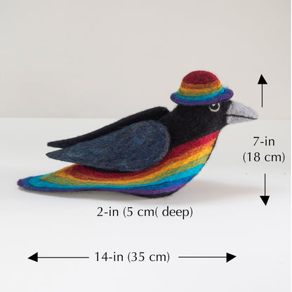STANDING RAINBOW CROW NEEDLE-FELTED 3-D BIRD FIGURE