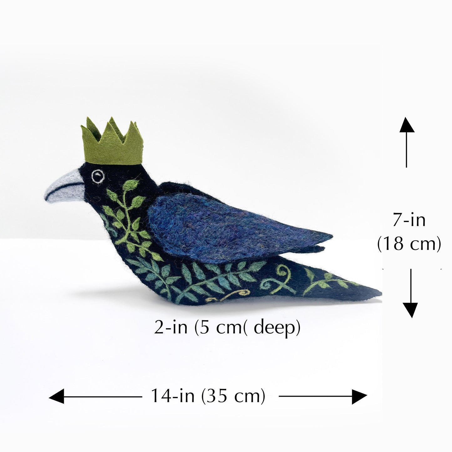 STANDING FLORAL AND FERN CROW NEEDLE-FELTED 3-D BIRD FIGURE