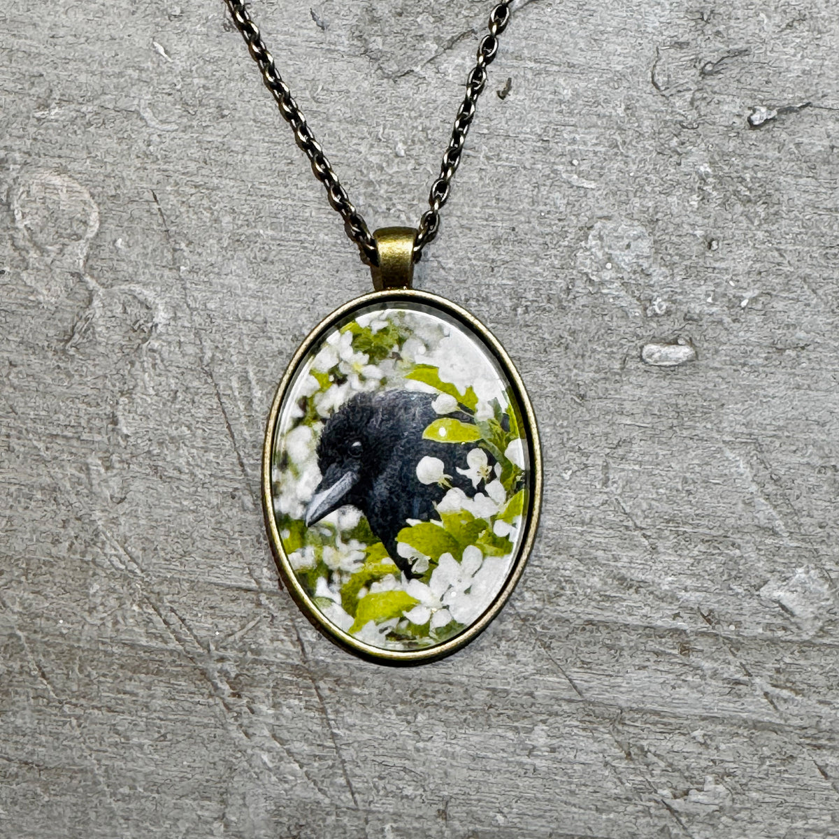 APPLE BLOSSOM CROW - Large Glass Pendant