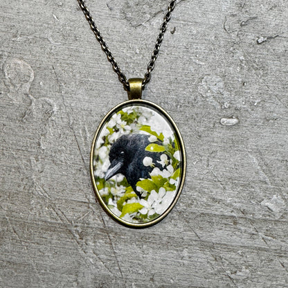APPLE BLOSSOM CROW - Large Glass Pendant