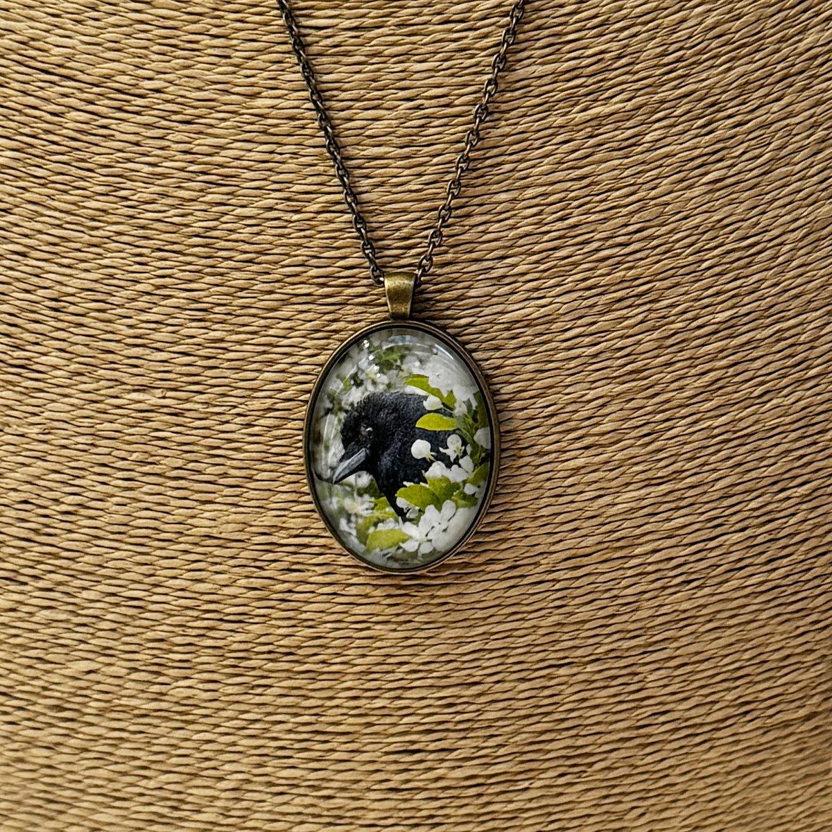 APPLE BLOSSOM CROW - Large Glass Pendant