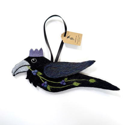 BLUE BERRIES Wool Needle-Felted Raven Hanging