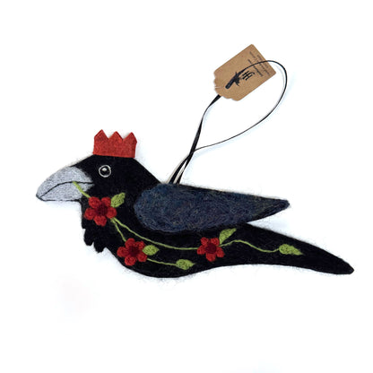 CORAL FLOWERS Wool Needle-Felted Raven Hanging