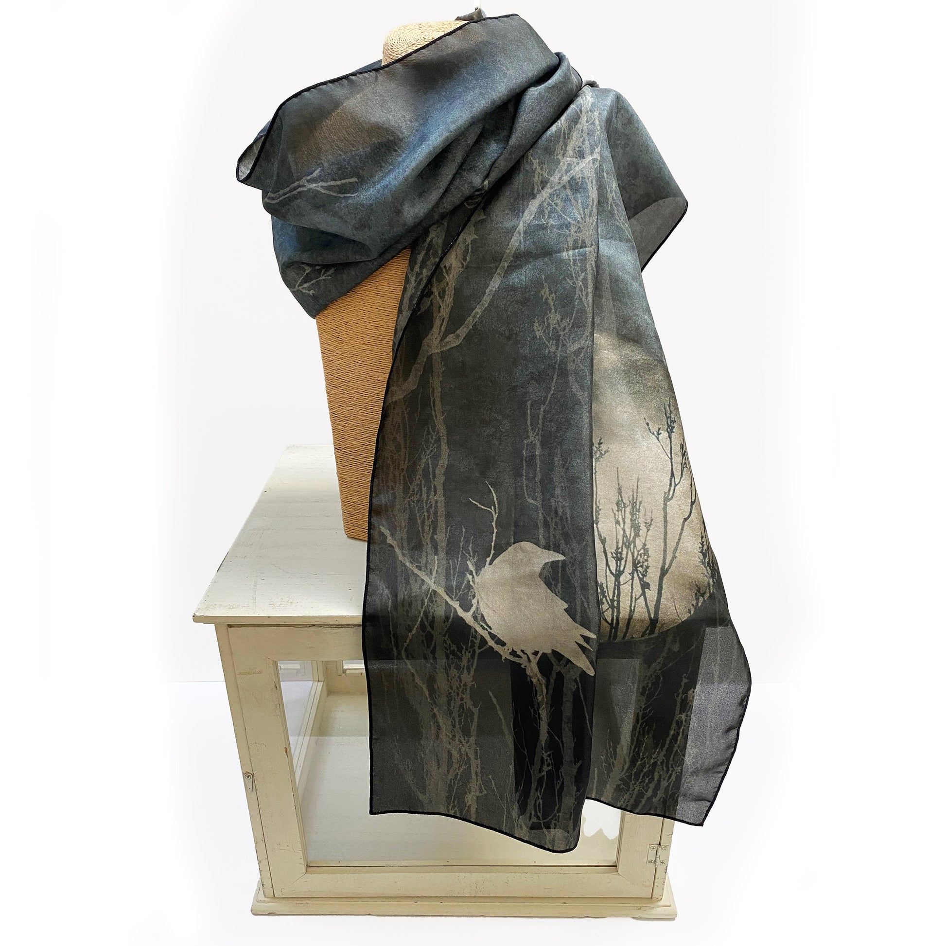 CROW, MOON, DREAMS - Long Silk Scarf