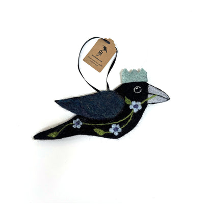 LIGHT BLUE FLOWERS Wool Needle-Felted Crow Hanging