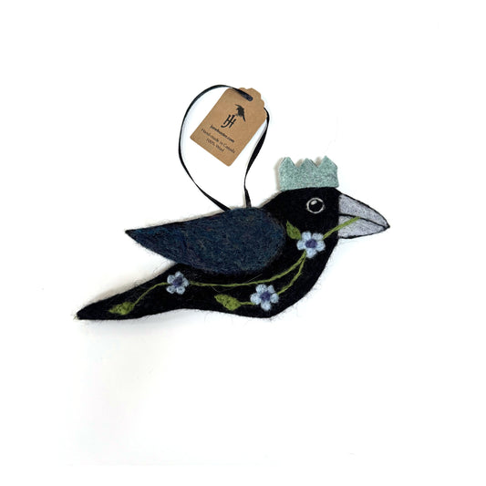 LIGHT BLUE FLOWERS Wool Needle-Felted Crow Hanging