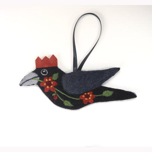 ORANGE FLOWERS Wool Needle-Felted Crow Hanging