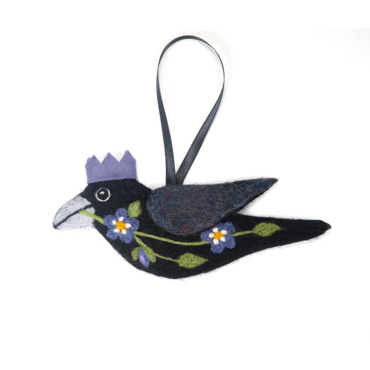 PURPLE FLOWERS Wool Needle-Felted Crow Hanging