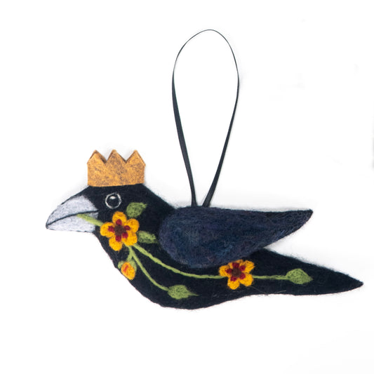 YELLOW FLOWERS Wool Needle-Felted Crow Hanging