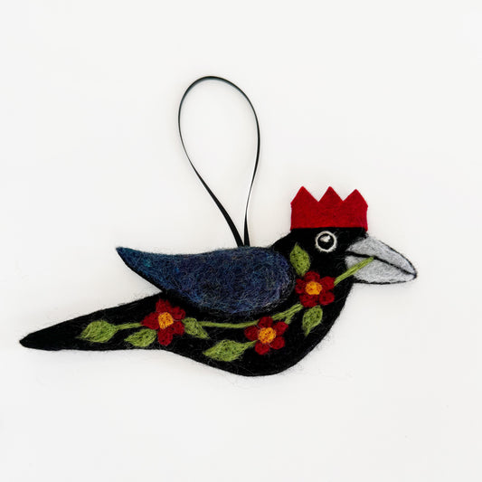 RED FLOWERS Wool Needle-Felted Crow Hanging