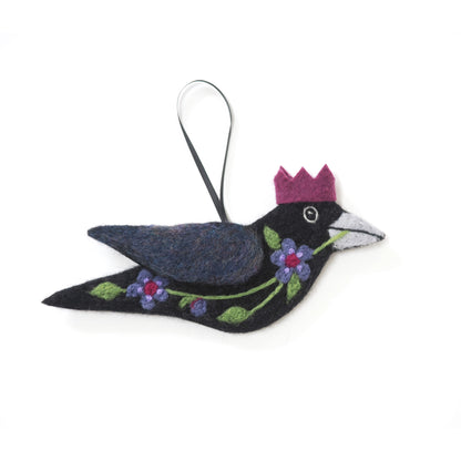 PURPLE FLOWERS Wool Needle-Felted Crow Hanging