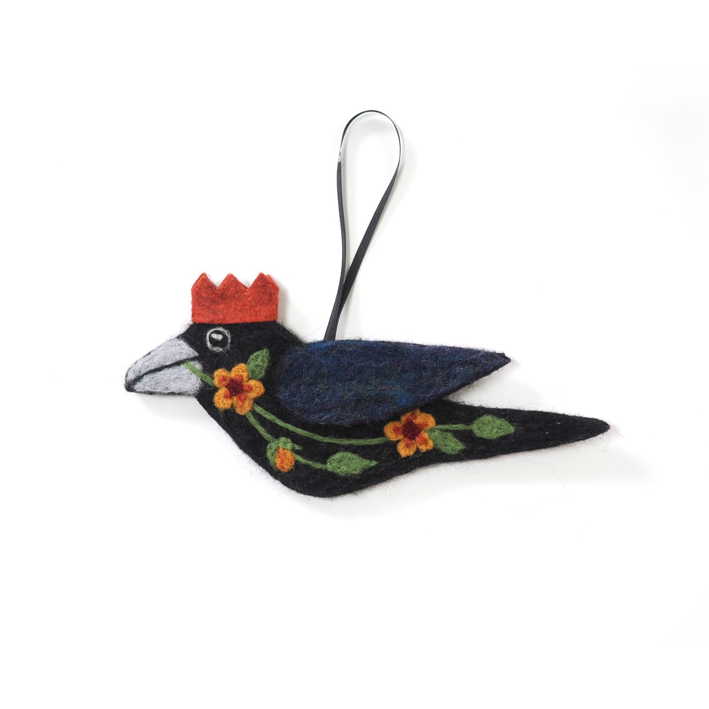 YELLOW FLOWERS Wool Needle-Felted Crow Hanging