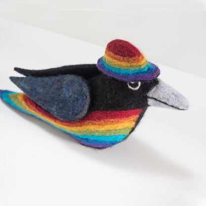 STANDING RAINBOW CROW NEEDLE-FELTED 3-D BIRD FIGURE