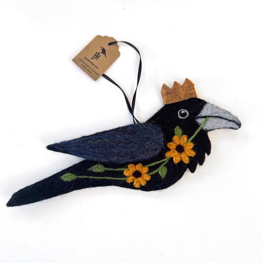 SUNFLOWERS Wool Needle-Felted Raven Hanging