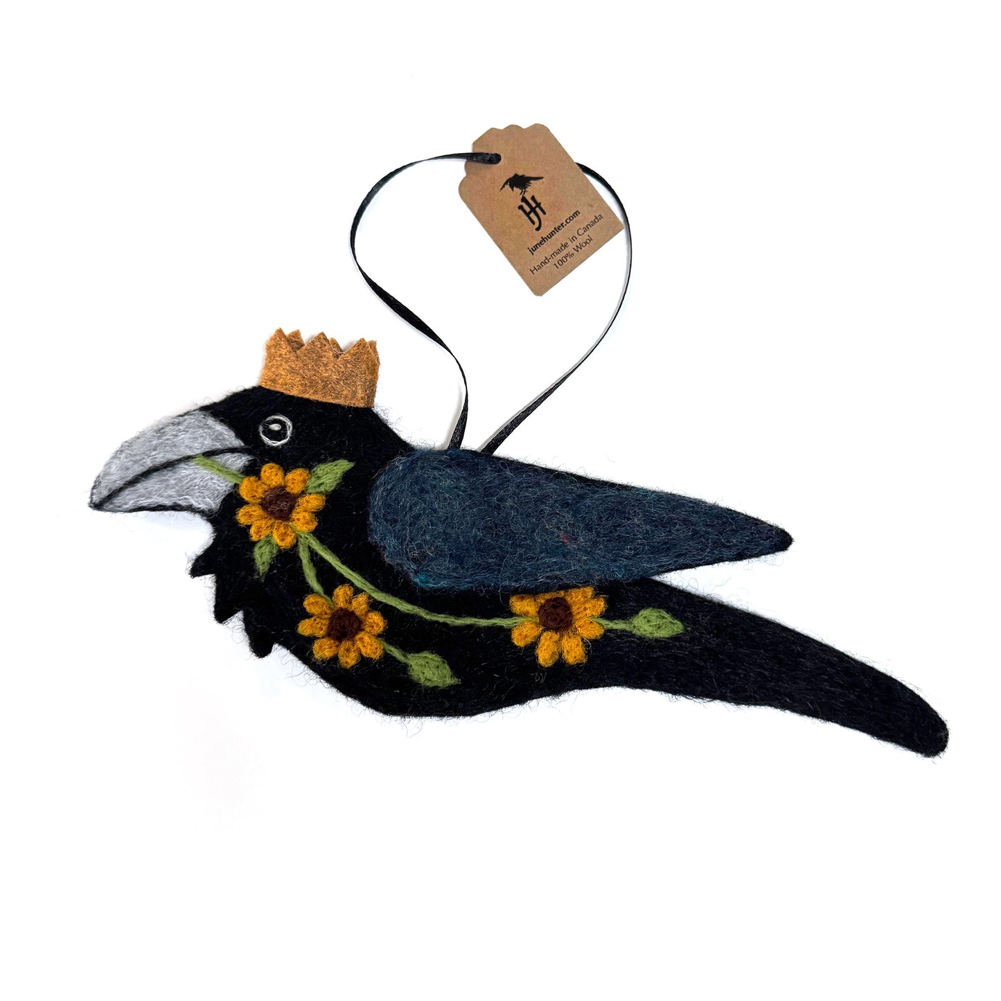 SUNFLOWER Wool Needle-Felted Raven Hanging