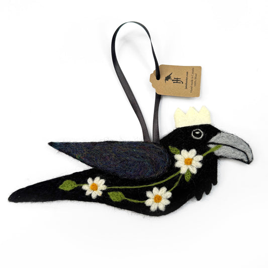 WHITE DAISIES Wool Needle-Felted Raven Hanging