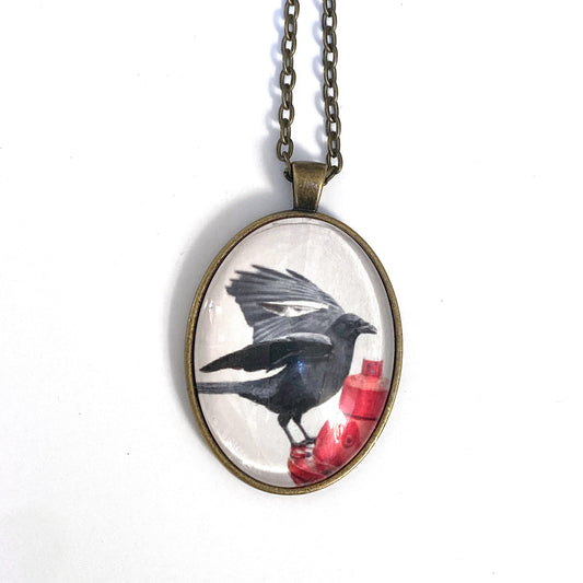 WHITE WING CROW - Large Glass Pendant - SALE
