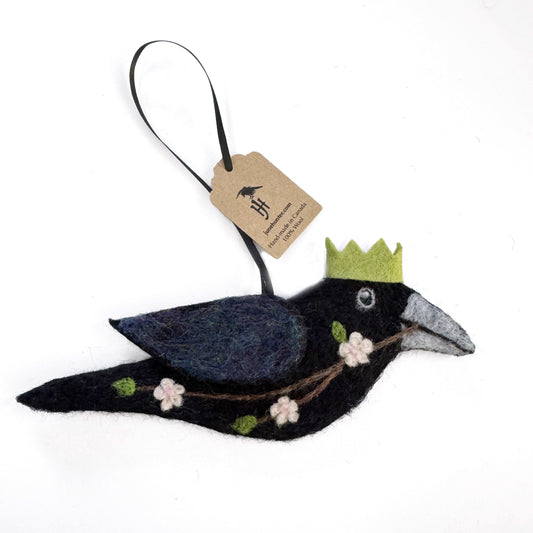 PINK BLOSSOM 1 Wool Needle-Felted Crow Hanging