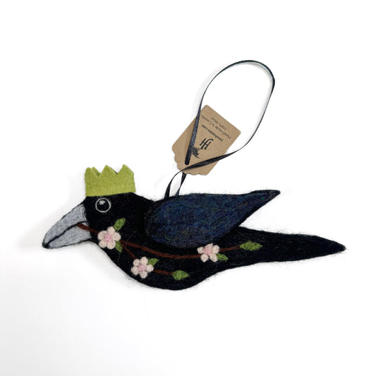 PINK BLOSSOM Wool Needle-Felted Crow Hanging