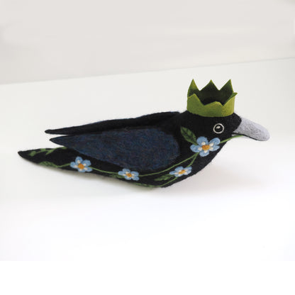 STANDING FLORAL AND FERN CROW NEEDLE-FELTED 3-D BIRD FIGURE