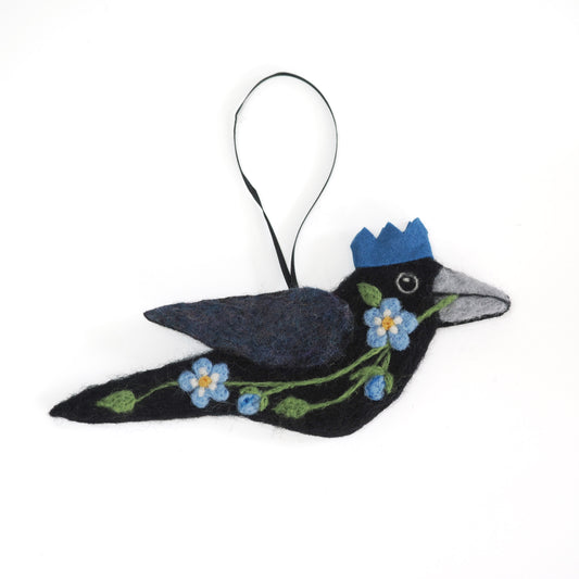 BLUE FLOWERS Wool Needle-Felted Crow Hanging