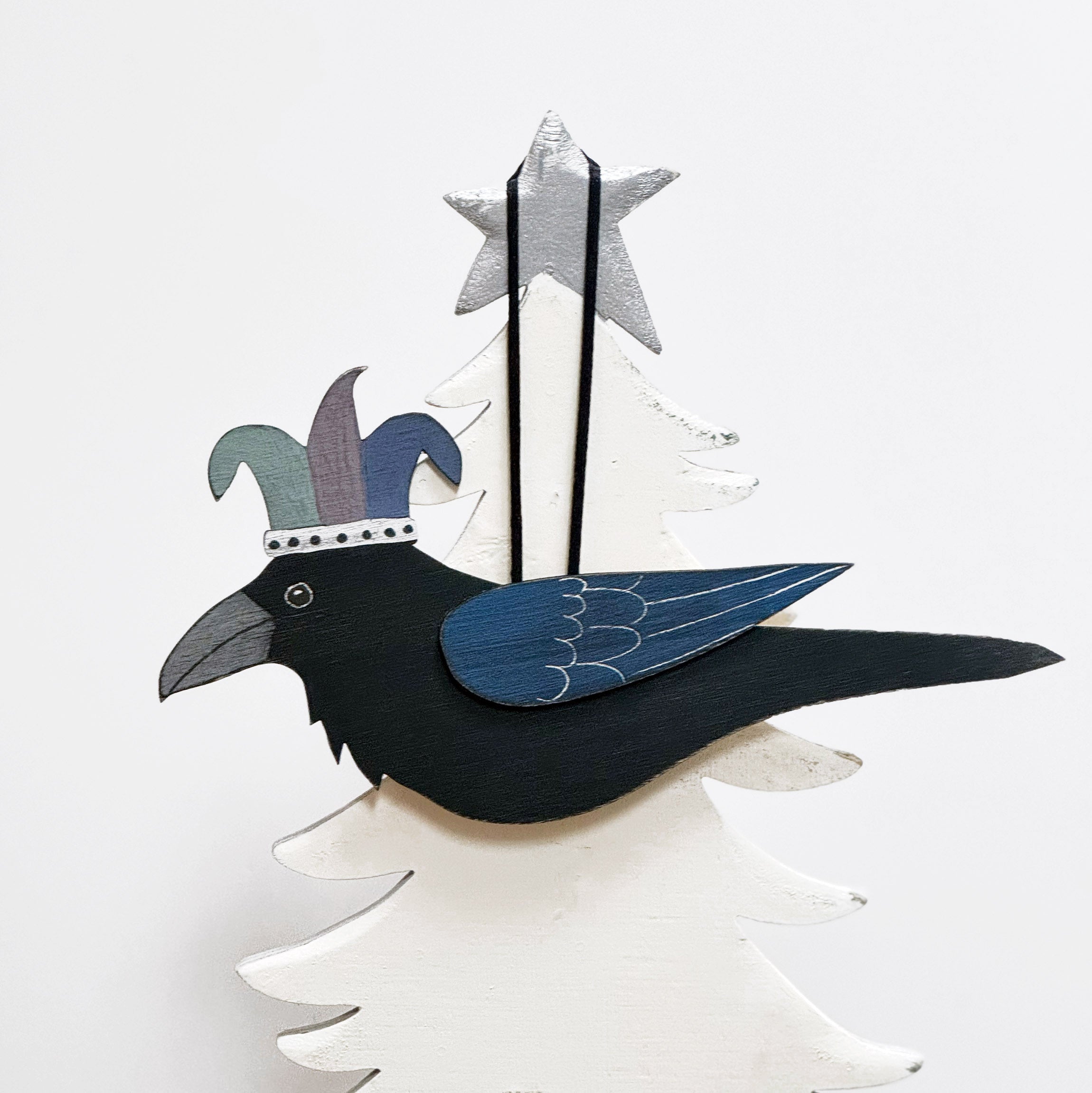 JESTER RAVEN 2 — Hand-Painted Wooden Raven Hanging