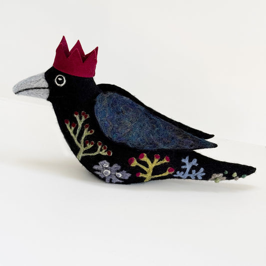 STANDING FLORAL AND LICHEN CROW NEEDLE-FELTED 3-D BIRD FIGURE