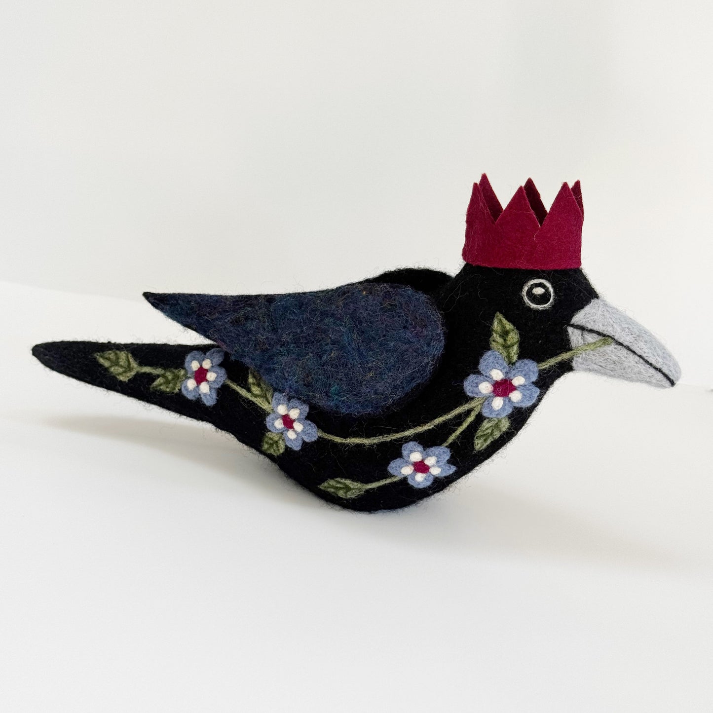 STANDING FLORAL AND LICHEN CROW NEEDLE-FELTED 3-D BIRD FIGURE