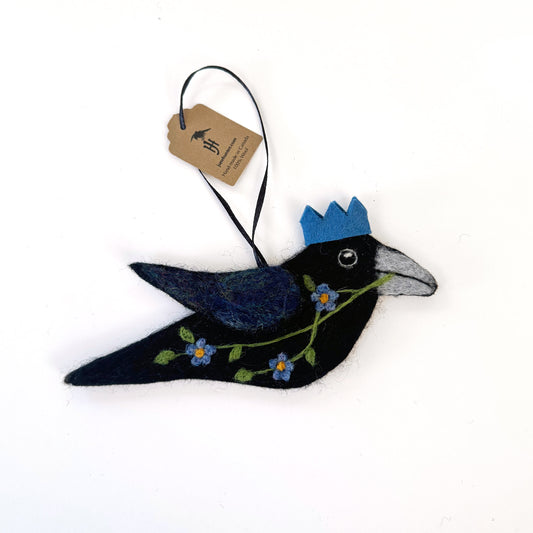 FORGET-ME-NOT Wool Needle-Felted Crow Hanging