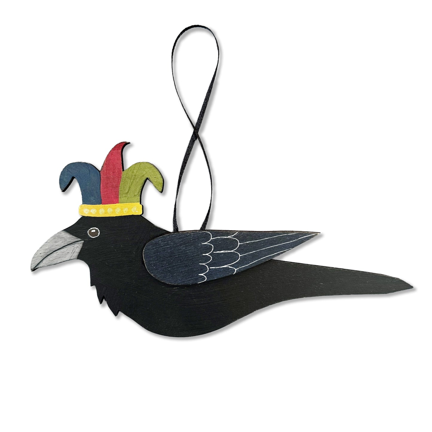 JESTER RAVEN 4 — Hand-Painted Wooden Raven Hanging