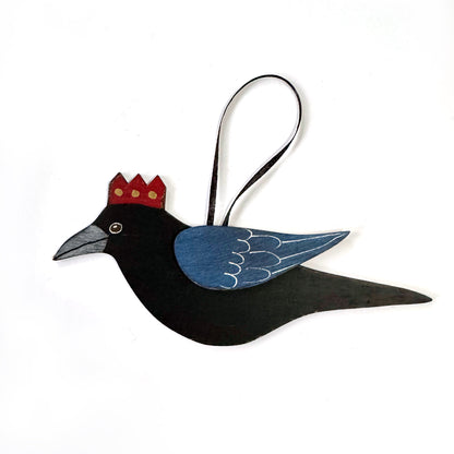 MEDIUM CROW WITH RED  and GOLD CROWN — Hand-Painted Wooden Crow Hanging