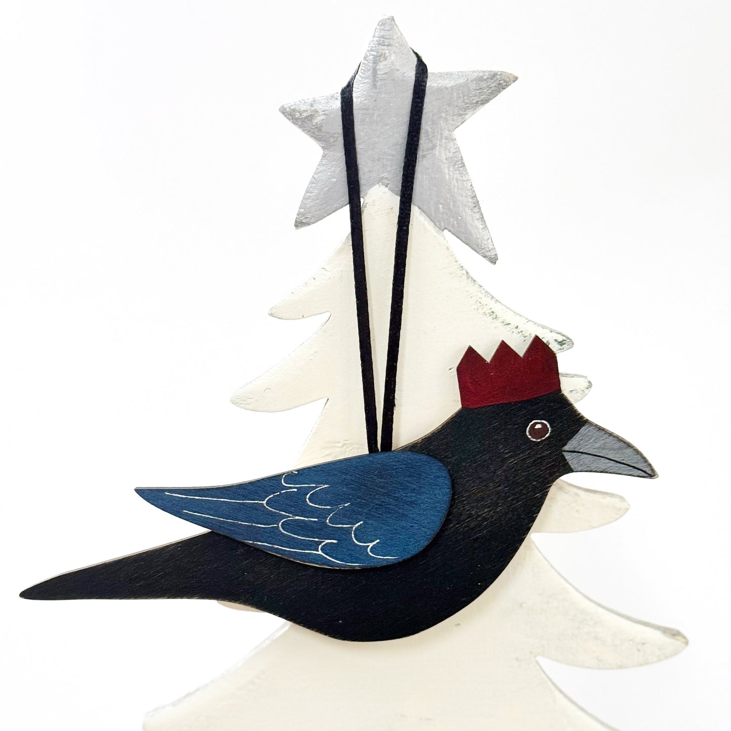 MEDIUM CROW WITH GOLDEN CROWN — Hand-Painted Wooden Crow Hanging