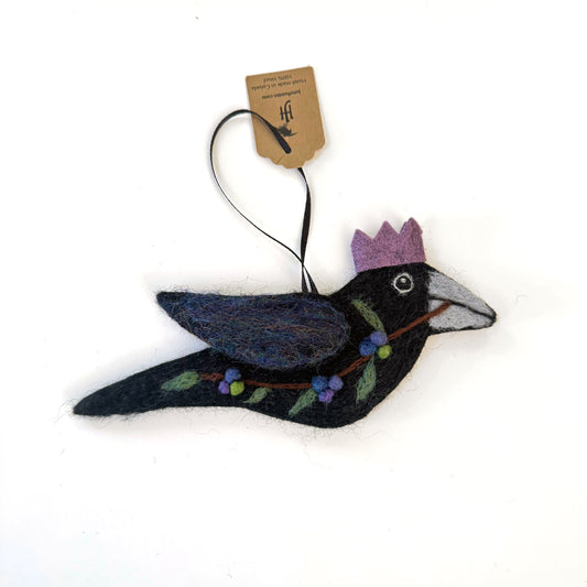 OLIVE Wool Needle-Felted Crow Hanging
