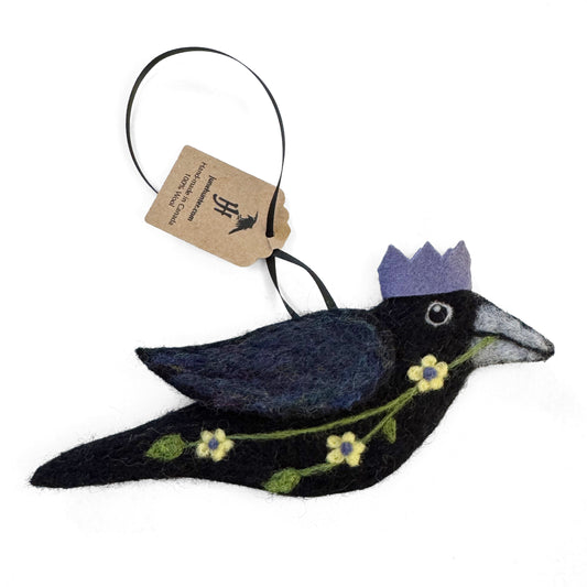 PALE YELLOW FLOWERS Wool Needle-Felted Crow Hanging