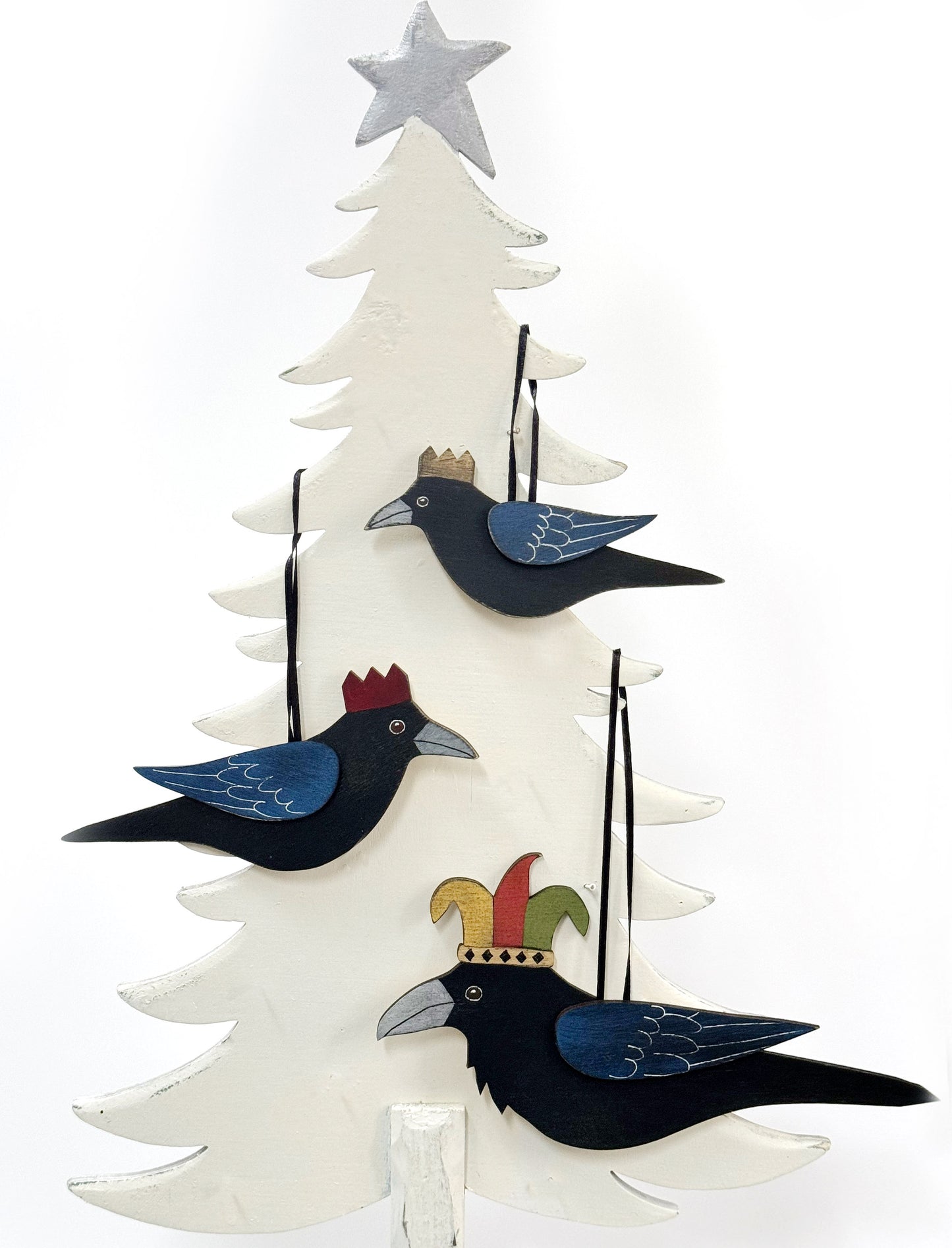 MEDIUM CROW WITH GOLDEN CROWN — Hand-Painted Wooden Crow Hanging