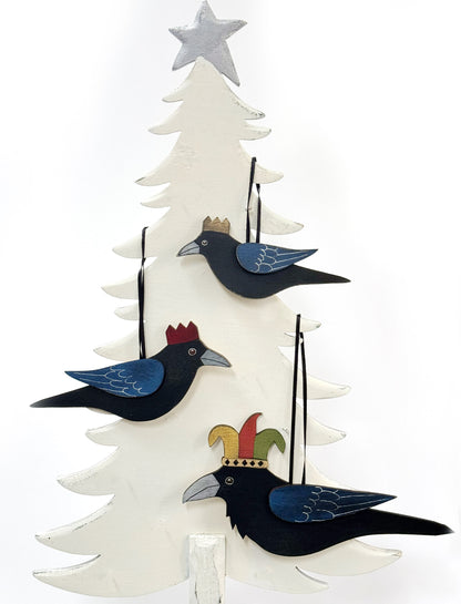 MEDIUM CROW WITH GOLDEN CROWN — Hand-Painted Wooden Crow Hanging