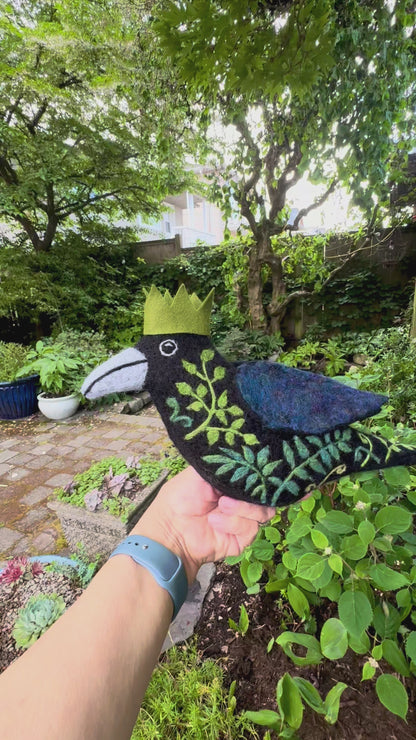 STANDING FLORAL AND FERN CROW NEEDLE-FELTED 3-D BIRD FIGURE