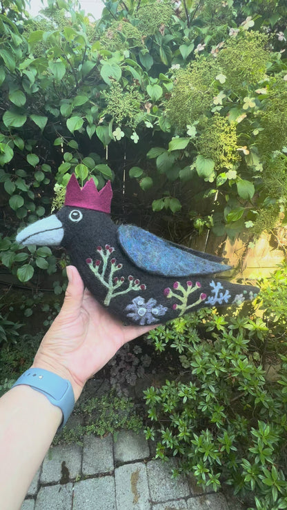 STANDING FLORAL AND LICHEN CROW NEEDLE-FELTED 3-D BIRD FIGURE