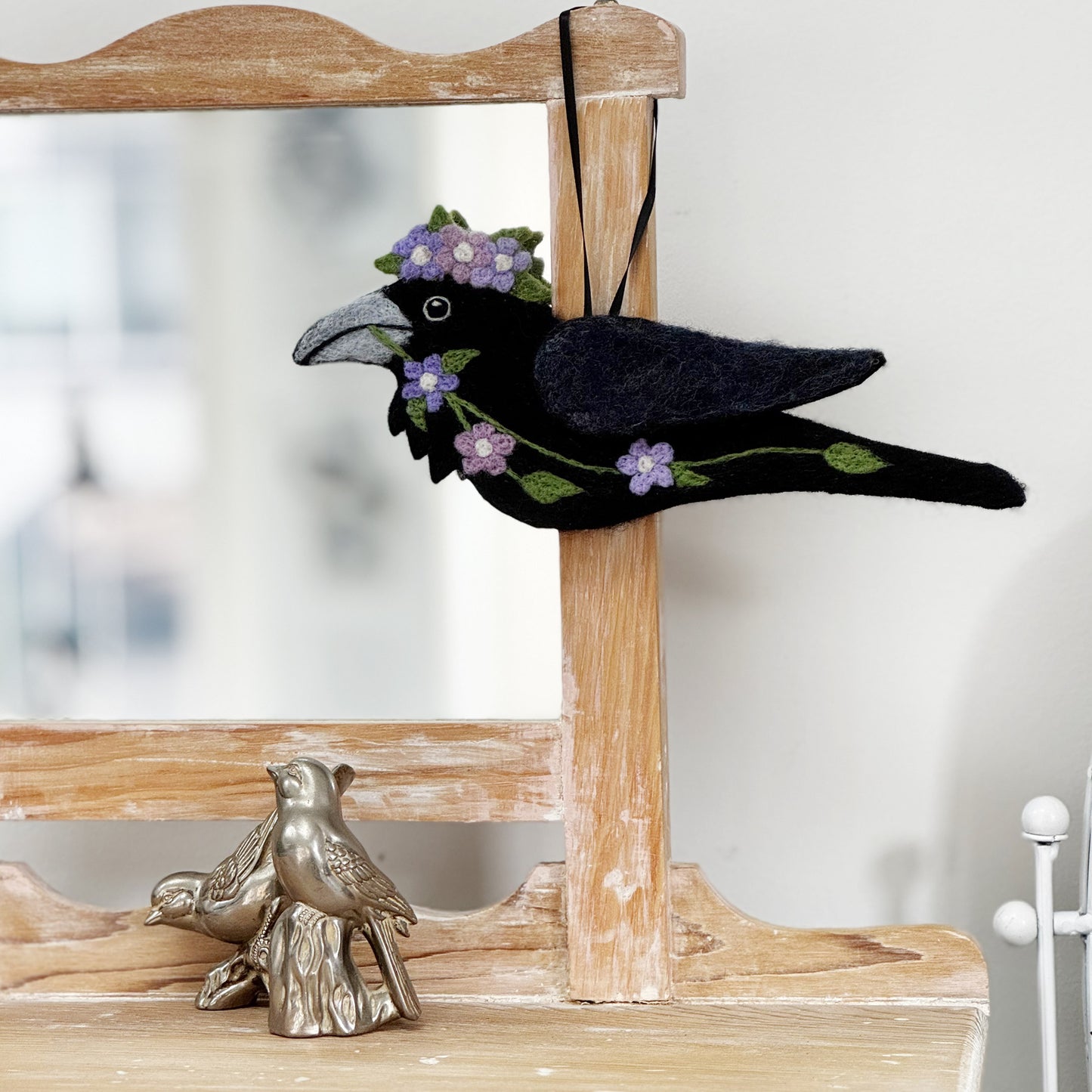 MAUVE SPRING GARLAND Wool Needle-Felted Raven Hanging
