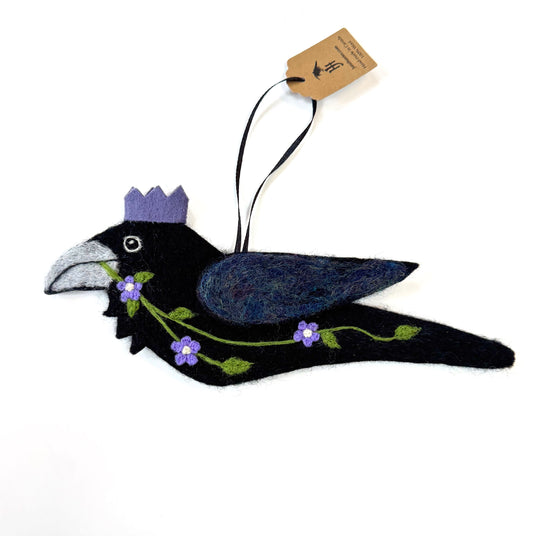 PURPLE FLOWERS Wool Needle-Felted Raven Hanging