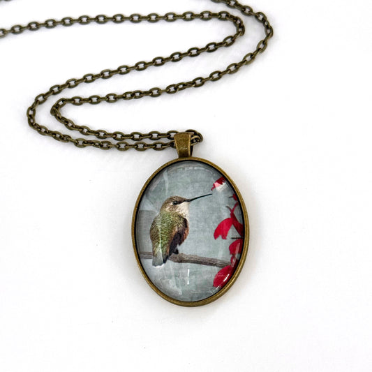 RUFOUS HUMMINGBIRD WITH RED FLOWER - Large Glass Pendant